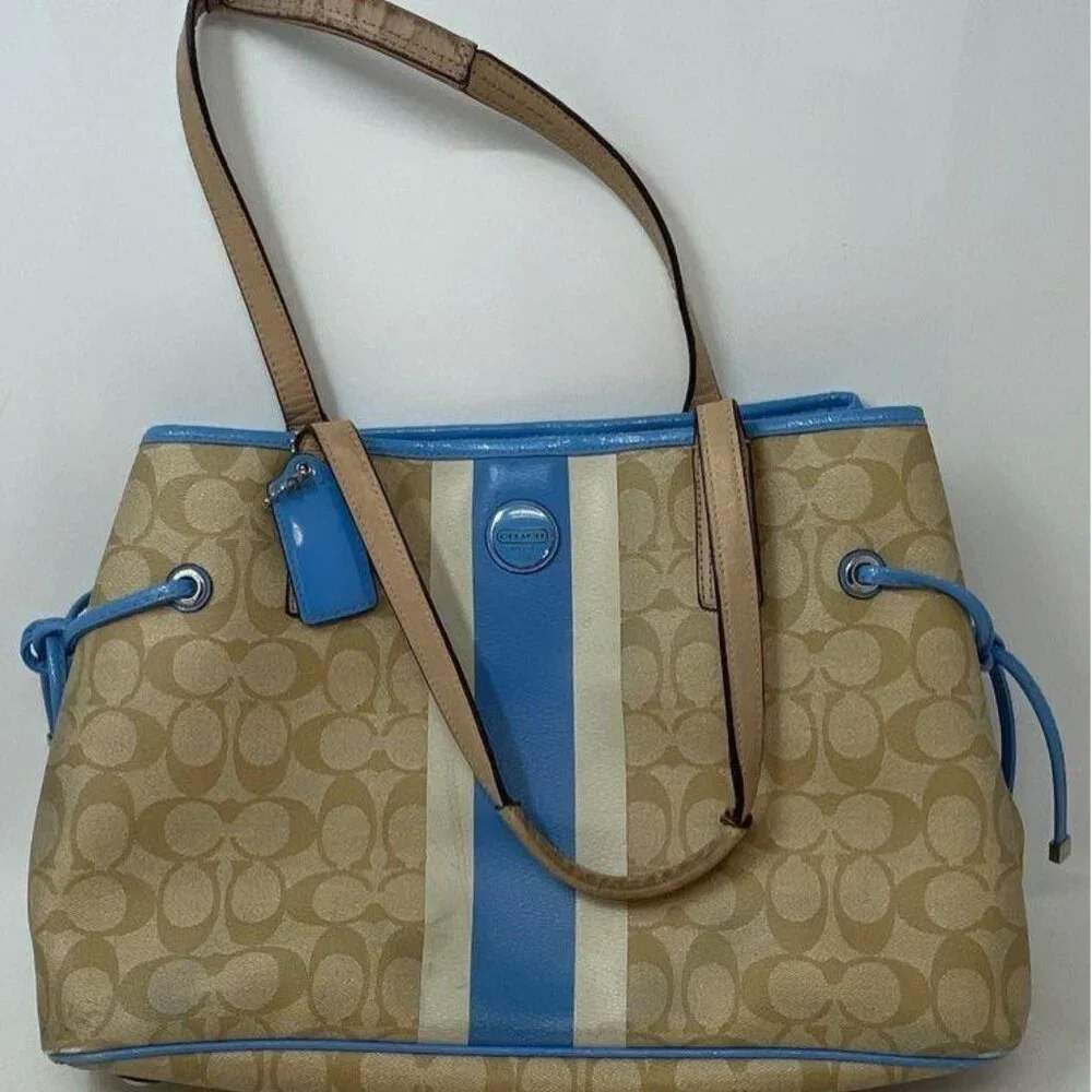 Coach Leather Signature Blue Stripe Carryall Tote Bag - Picture 2 of 8